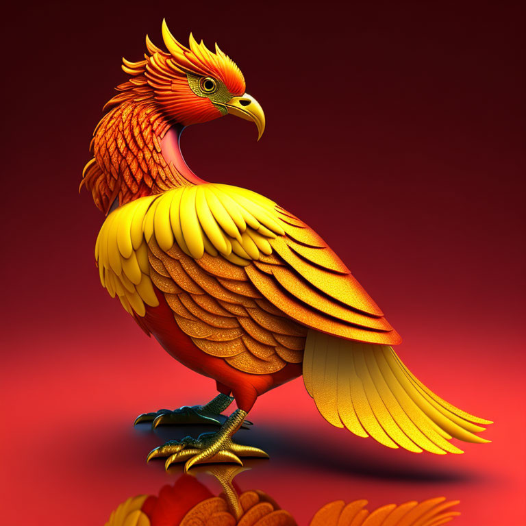 Colorful Phoenix Illustration with Golden and Orange Plumage on Red Background