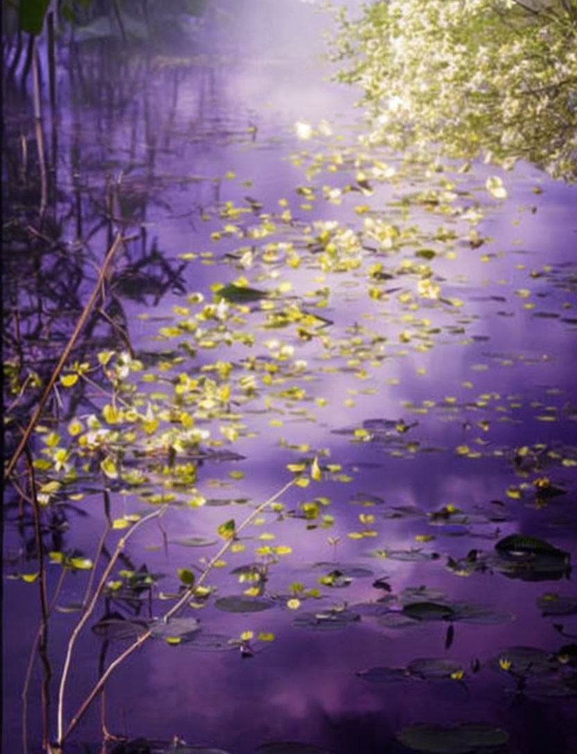 Tranquil pond with lily pads, yellow flowers, mist, trees reflected in purple water at