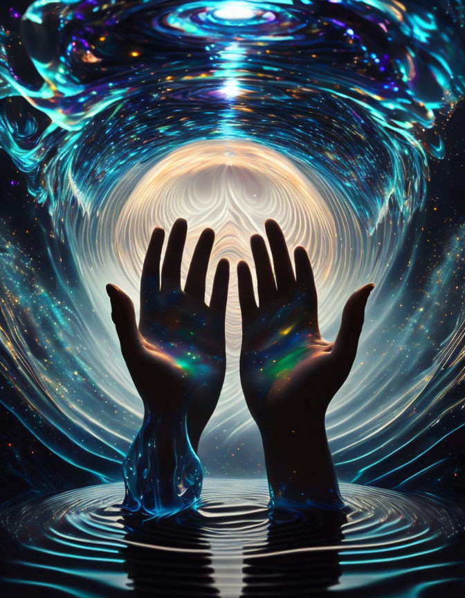 Silhouetted hands reaching towards vibrant cosmic vortex over water