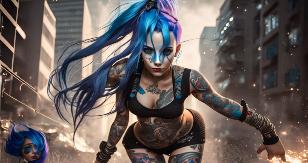 Blue-haired woman with tattoos in urban setting with glowing embers