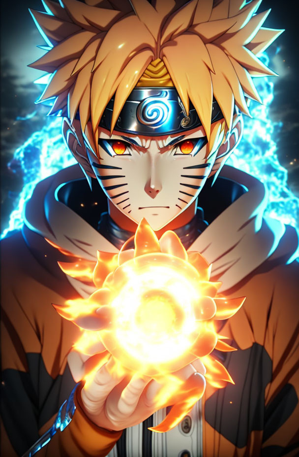 Anime character with spiky blond hair and glowing energy ball illustration