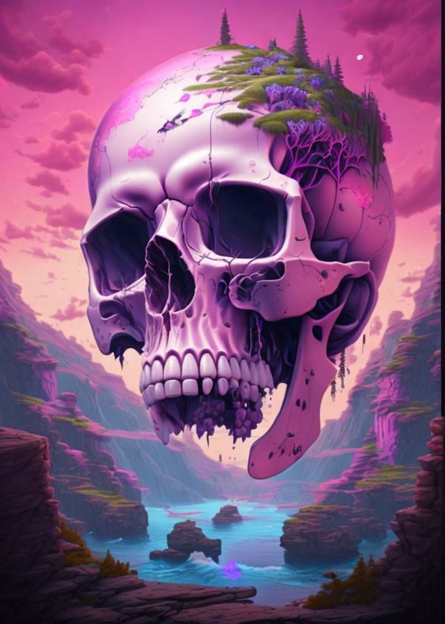 Vibrant surreal artwork: large skull in purple and pink hues, fantasy landscape with cliffs, river