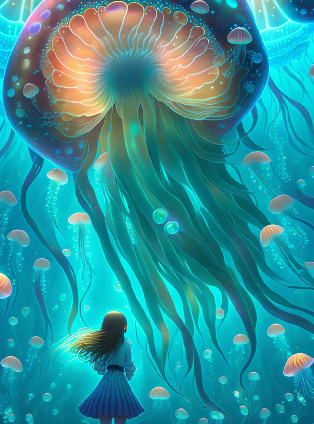 Girl surrounded by glowing jellyfish underwater