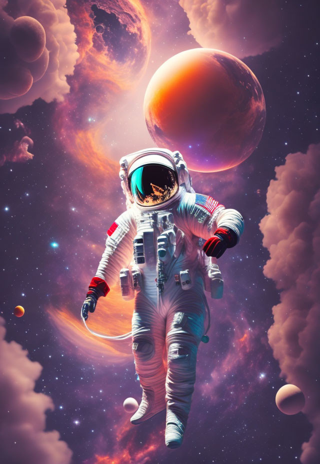 Astronaut floating in space with celestial bodies and colorful nebulae.