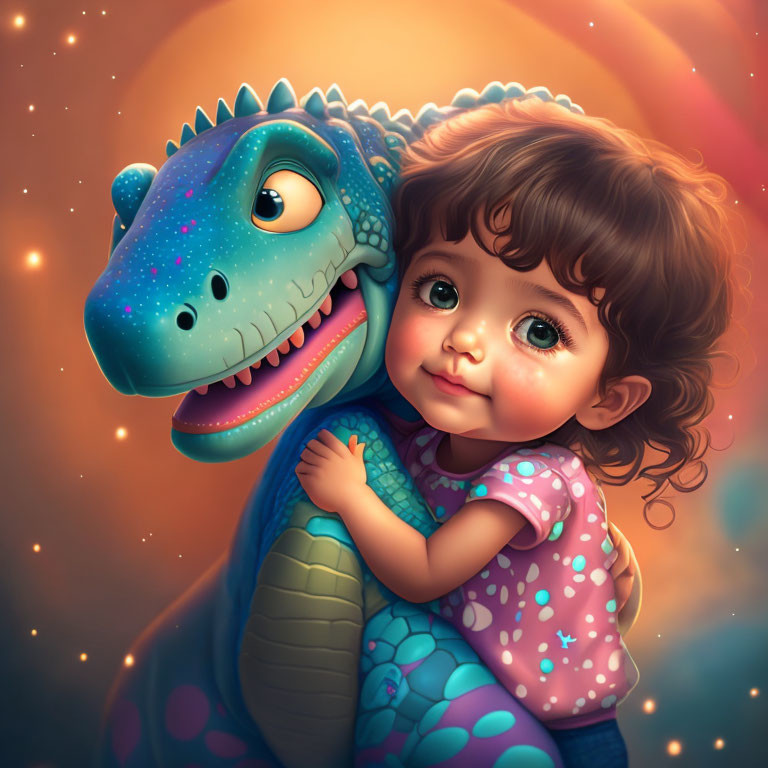 Young girl with curly hair hugging cartoon dinosaur under warm light