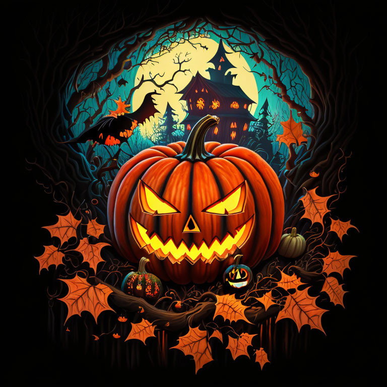 Glowing jack-o'-lantern with bats, leaves, pumpkins, and haunted house in