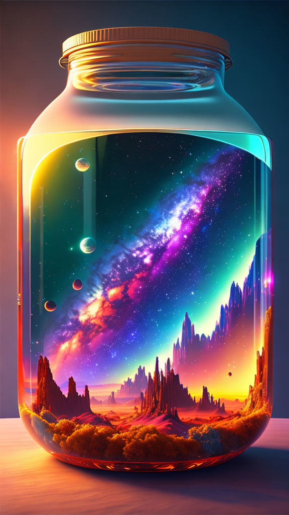 Vibrant miniature universe in a glass jar with nebulae and stars