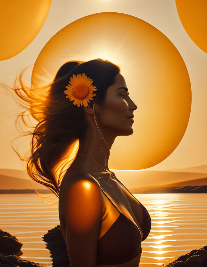 Woman with Flower in Hair Amid Sunset over Water