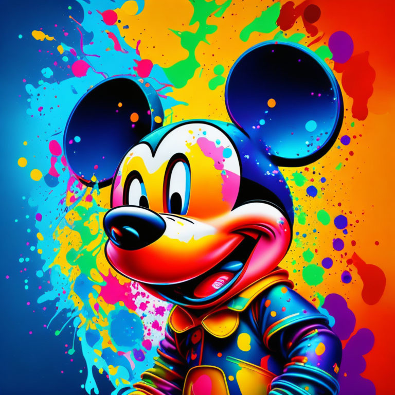 Colorful Mickey Mouse illustration on splattered paint backdrop