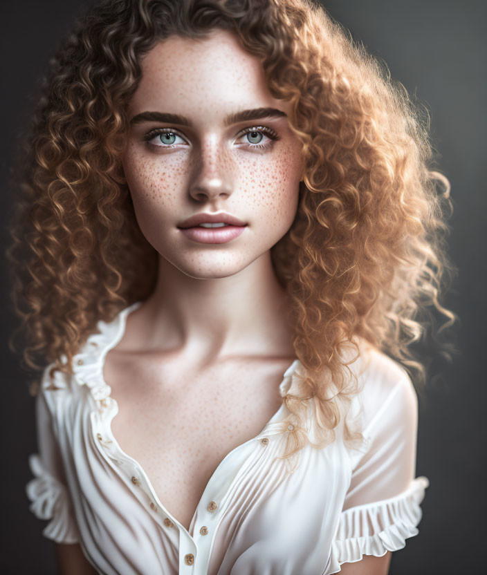 Portrait of young woman with curly blonde hair, freckled skin, and blue eyes in white blouse