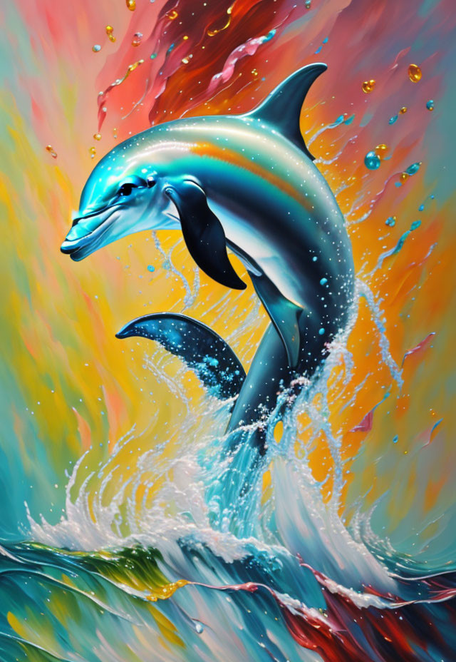 Colorful Dolphin Leaping Out of Water in Digital Painting