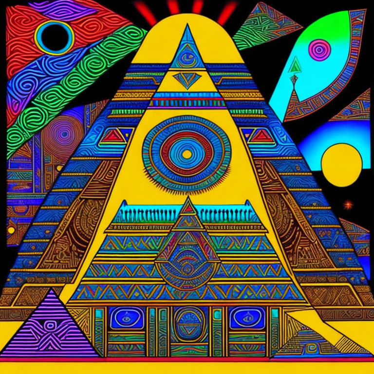 Colorful Psychedelic Artwork: Pyramid, Celestial Symbols, Dark Sky