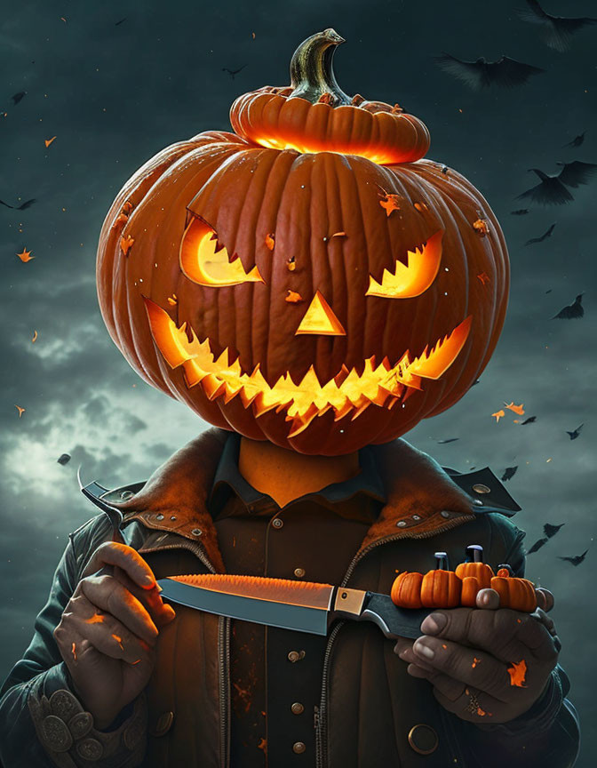 Person with Carved Pumpkin Head Holding Knife and Mini Pumpkin in Spooky Halloween Scene