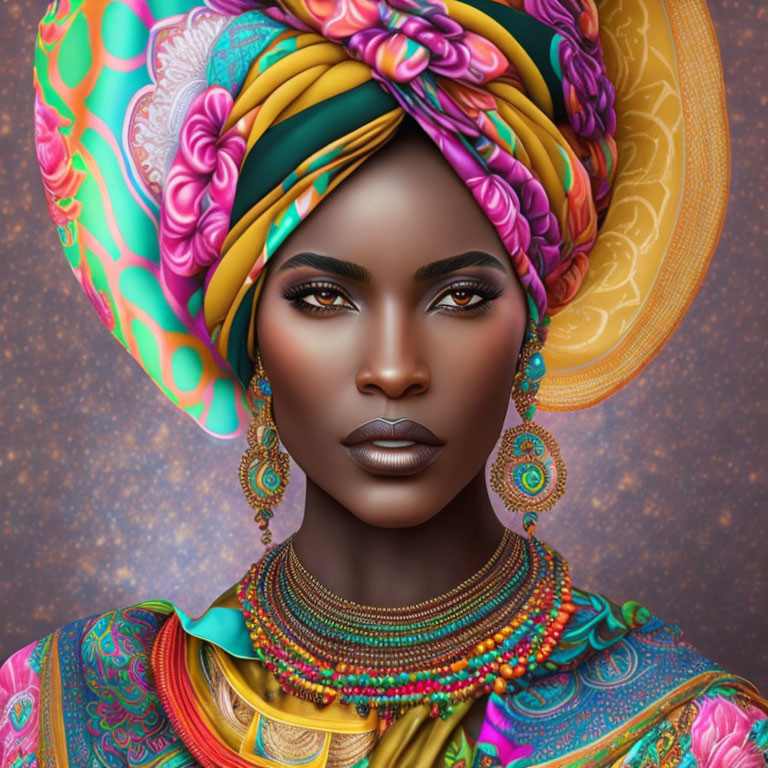 Vibrant digital illustration of woman in multicolored turban & African-inspired attire