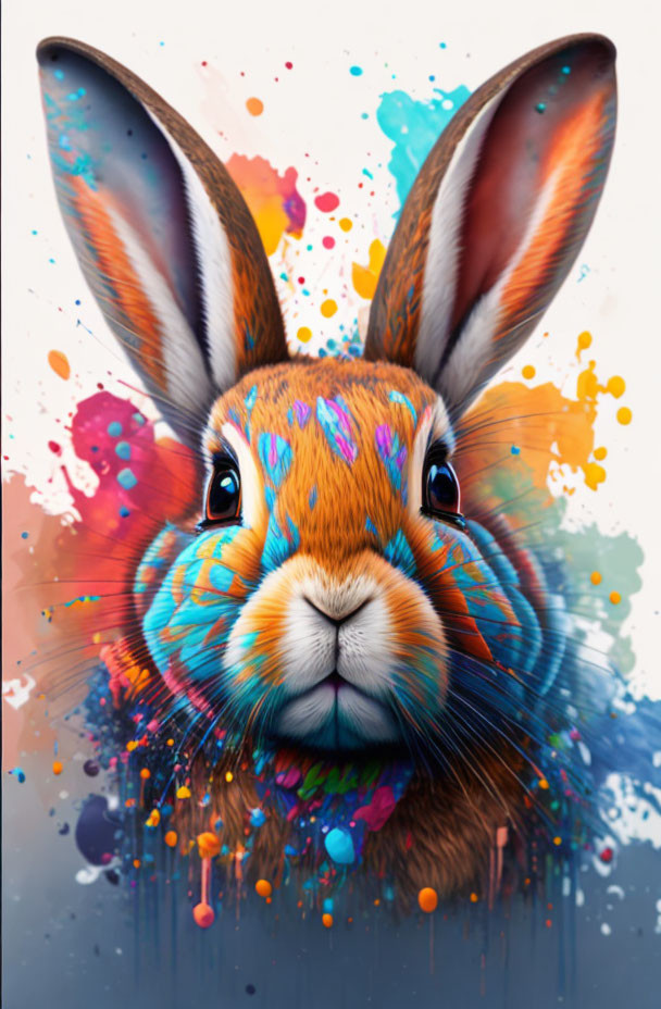 Vibrant Rabbit Face Artwork with Colorful Paint Splashes