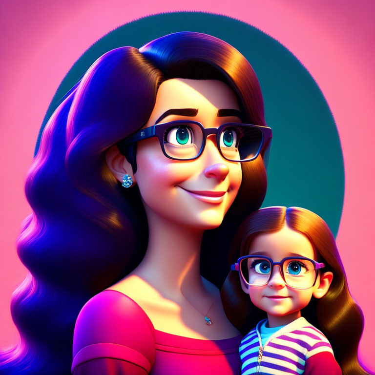 Stylized 3D illustration of smiling woman and girl with glasses and wavy hair on colorful