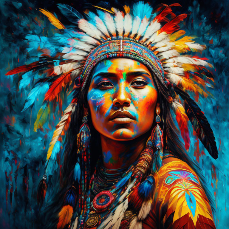 Colorful Native American headdress portrait against fiery background