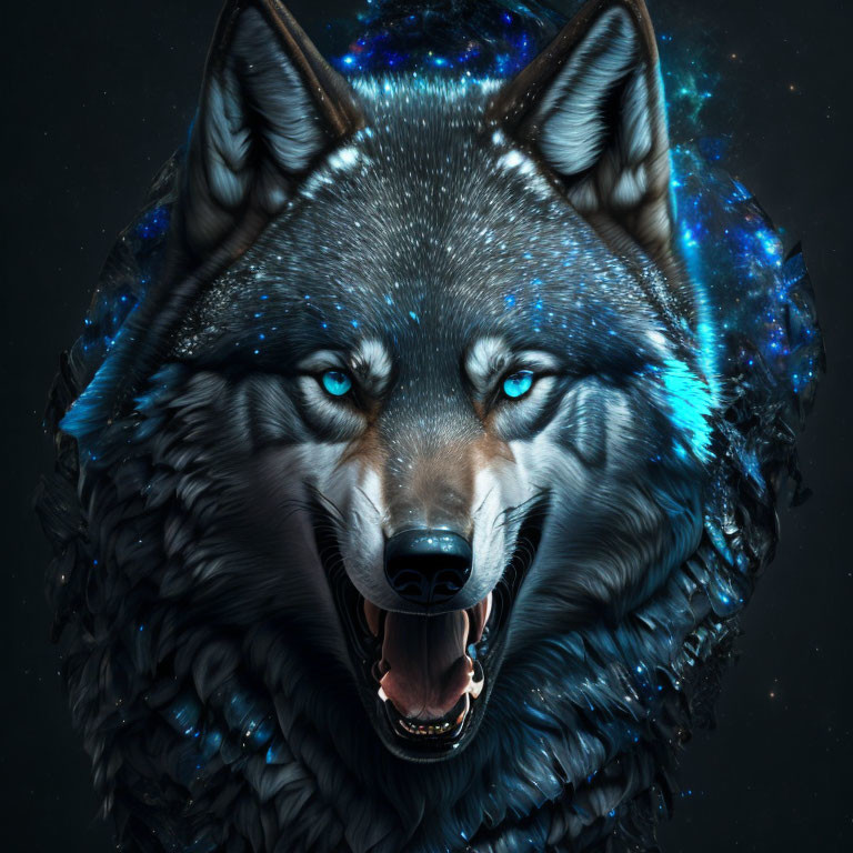 Majestic wolf with cosmic mane and blue eyes on dark space background