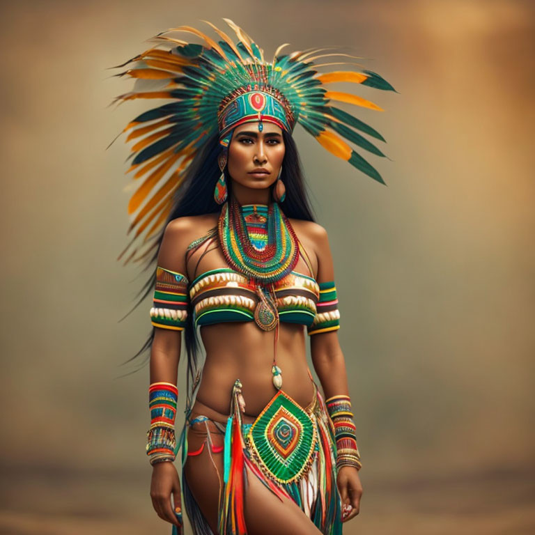 Indigenous woman in vibrant attire with feather headdress and body paint