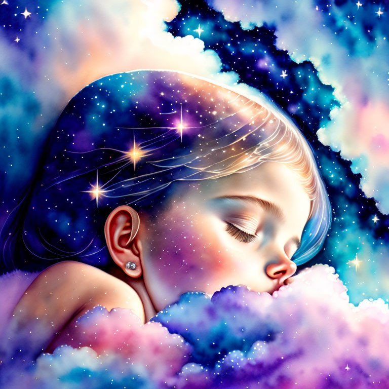 Cosmic-themed digital art of young girl on fluffy clouds