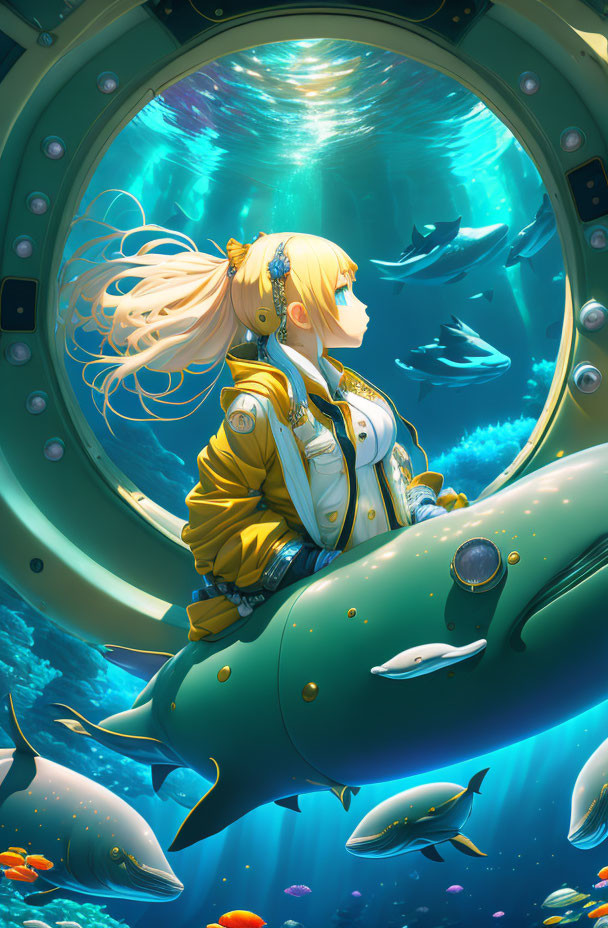 Girl in yellow jacket sitting on submarine porthole, watching fish and whales swim.