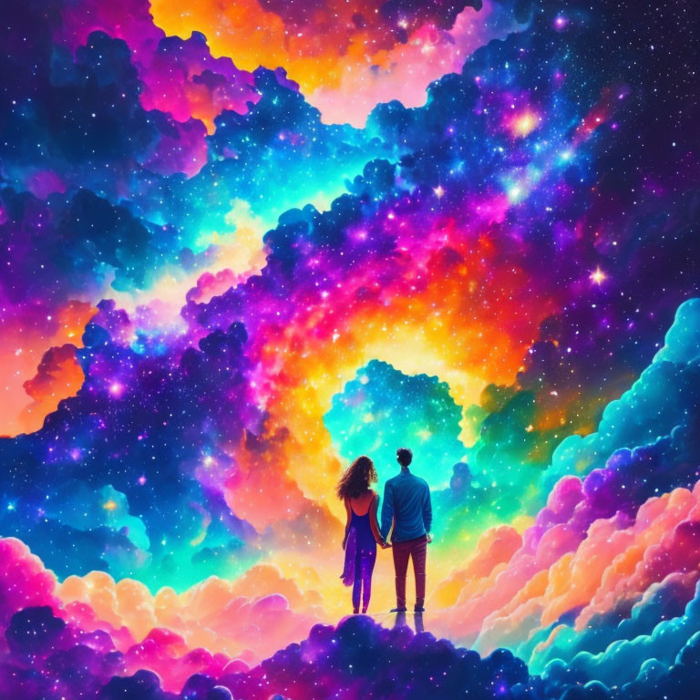 Couple gazing at vibrant cosmic sky with colorful clouds