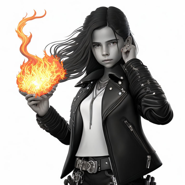 Monochrome digital artwork of stylized female character with fiery orange flame