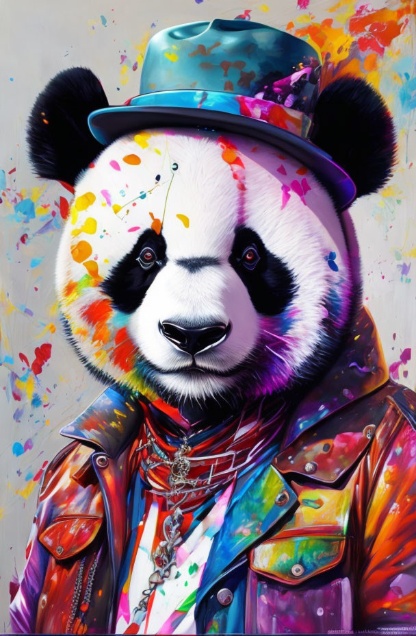 Colorful artwork of a panda in blue hat and multicolored jacket