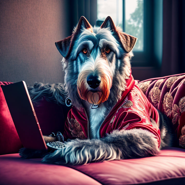 Blue-eyed dog in red jacket on couch with laptop