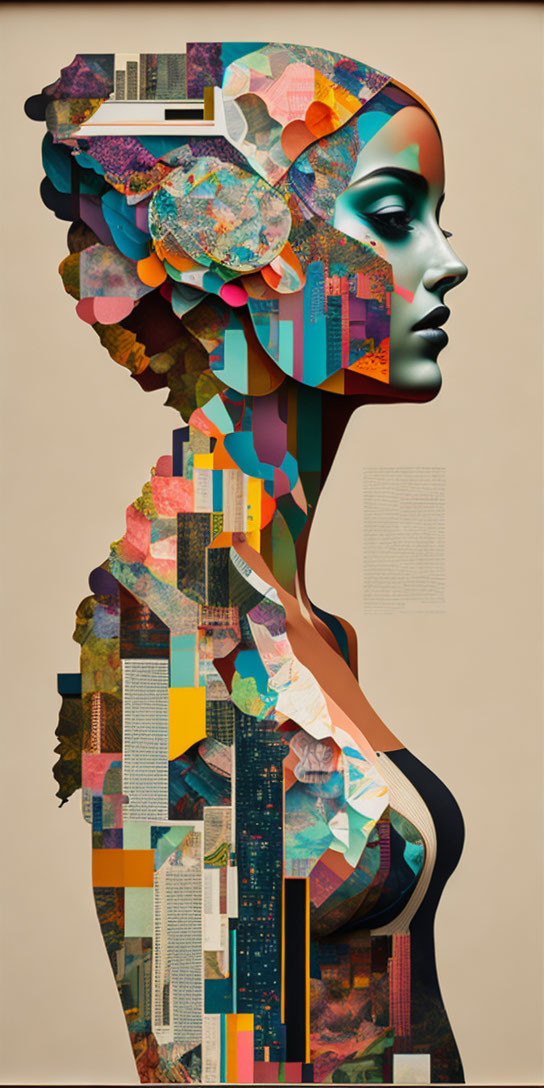 Digital collage artwork: Woman's head with vibrant geometric shapes, texts, and urban imagery.