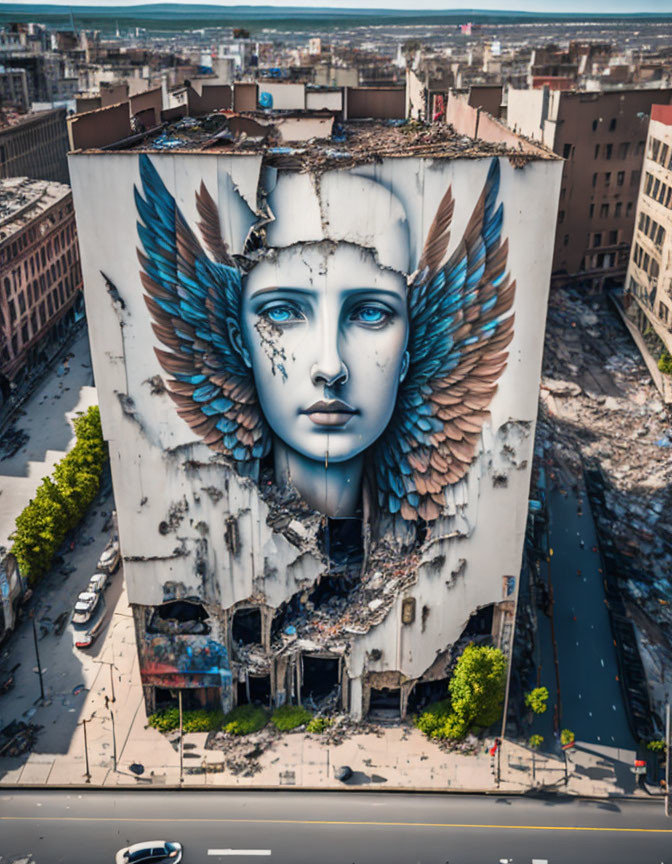 Detailed mural of angel with blue wings in urban setting