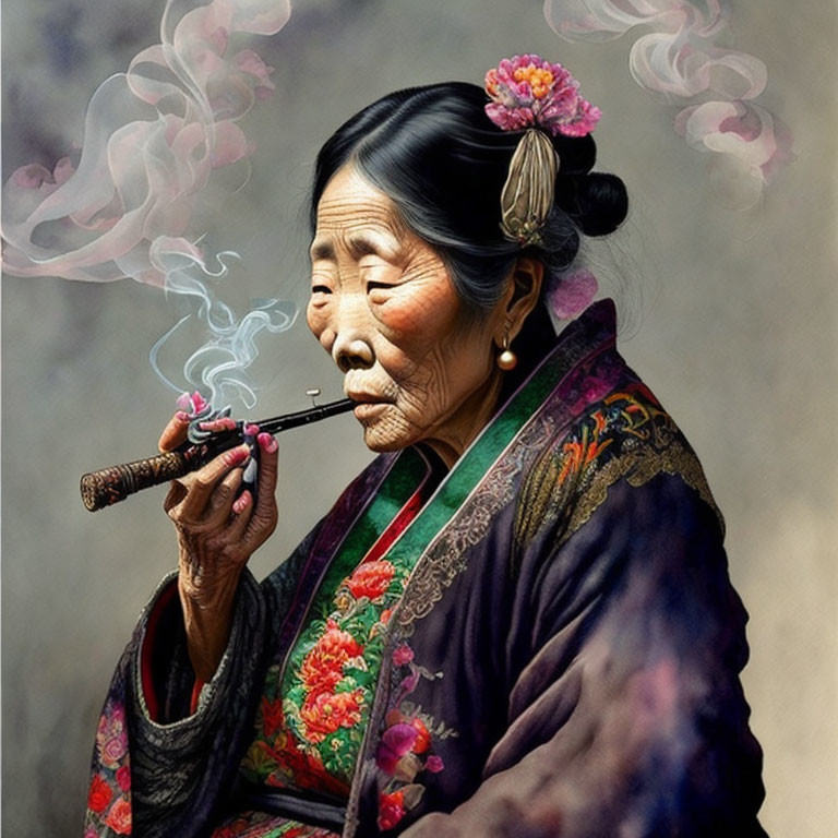 Elderly Woman in Traditional Attire Smoking Pipe