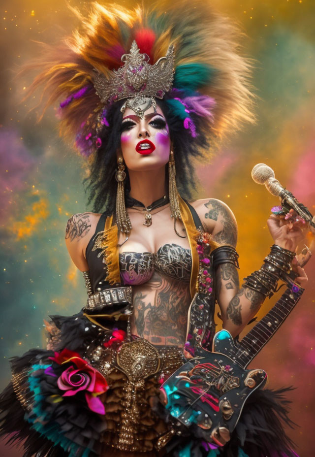 Colorful drag queen with elaborate headdress and tattooed arms holding a microphone