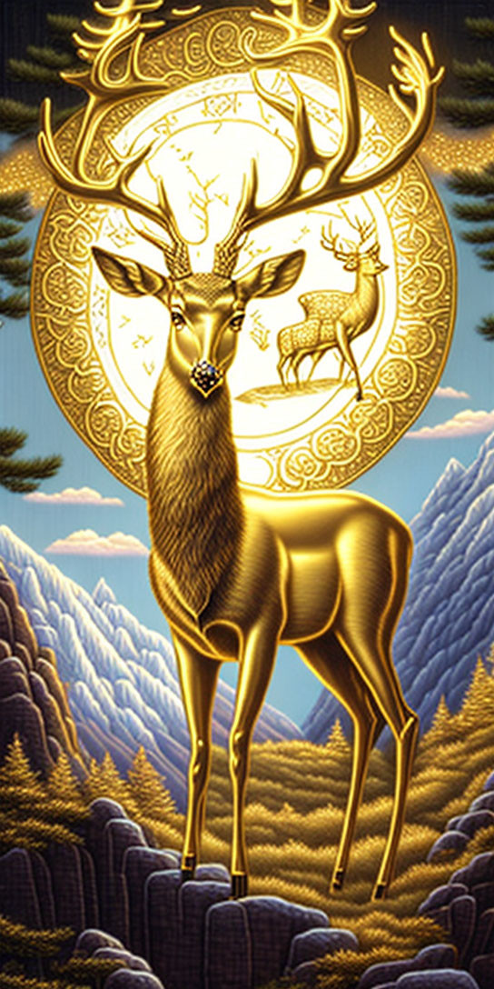 Golden stag with mountain backdrop and glowing ornate patterns