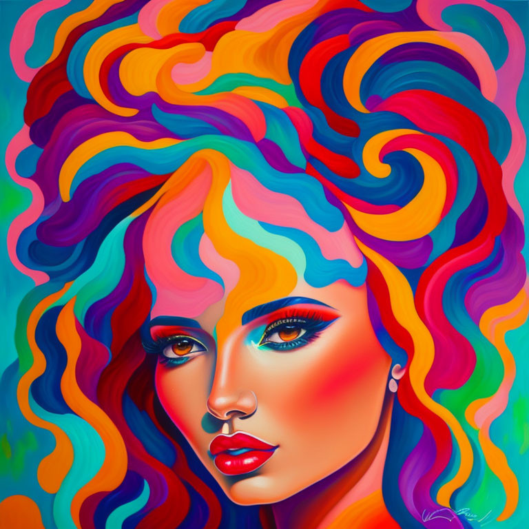 Colorful portrait of woman with curly hair and bold makeup.