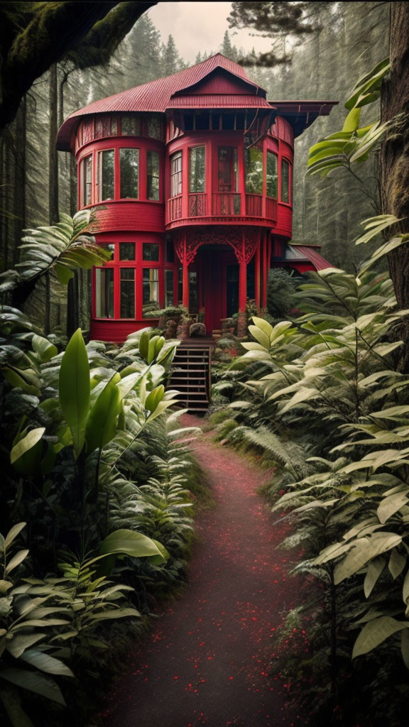 Circular red multi-story house in lush green forest with path and dense foliage