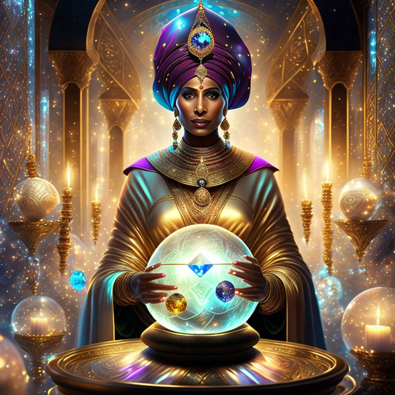 Regal Figure in Ornate Turban Gazing at Crystal Ball