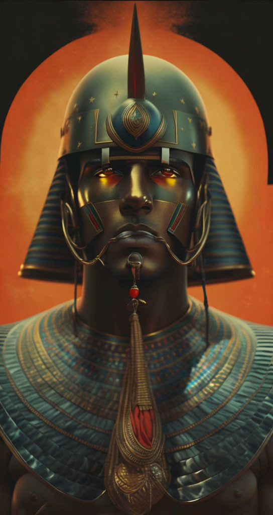 Ancient Egyptian-inspired person in ornate armor on orange backdrop