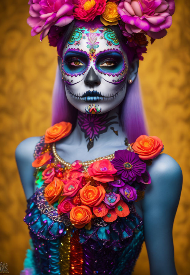 Vivid sugar skull makeup and floral headdress on yellow background symbolize Mexican Day of the Dead.