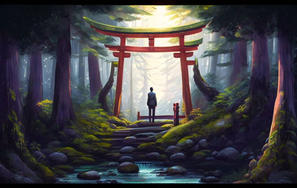 Serene forest scene with person at traditional torii gate