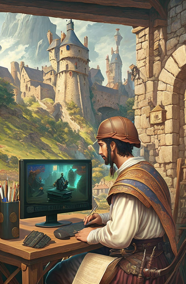 Medieval scholar with modern computer in fantasy castle landscape