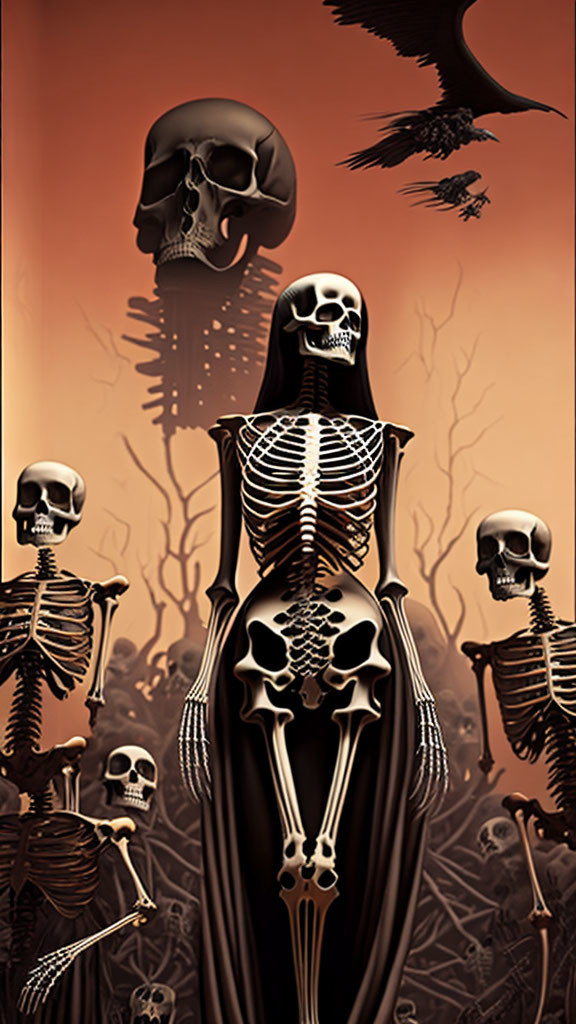 Gothic image with central figure in skeleton cloak, skulls, spine, and flying raven.