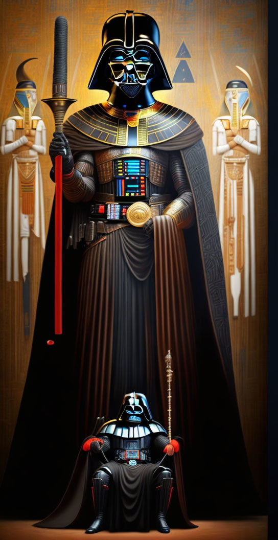 Illustration blending Ancient Egyptian & Star Wars themes: Darth Vader & Stormtrooper as pharaohs