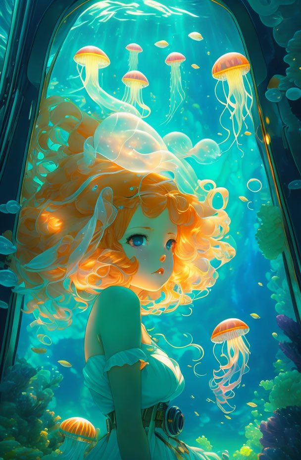 Orange-Haired Girl Admiring Jellyfish in Vibrant Underwater Scene