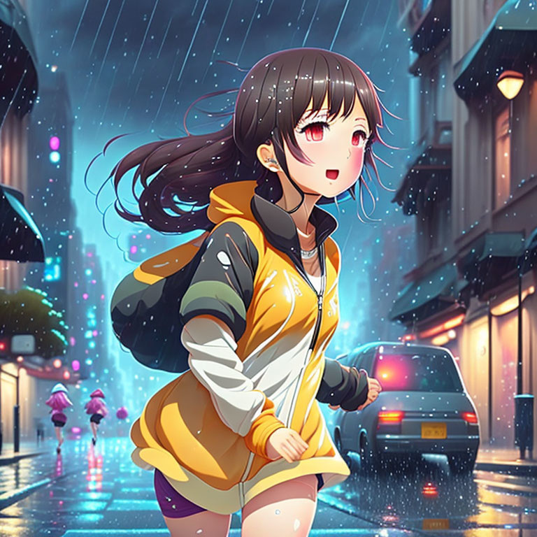 Brown-haired girl in yellow jacket walks in rain with headphones