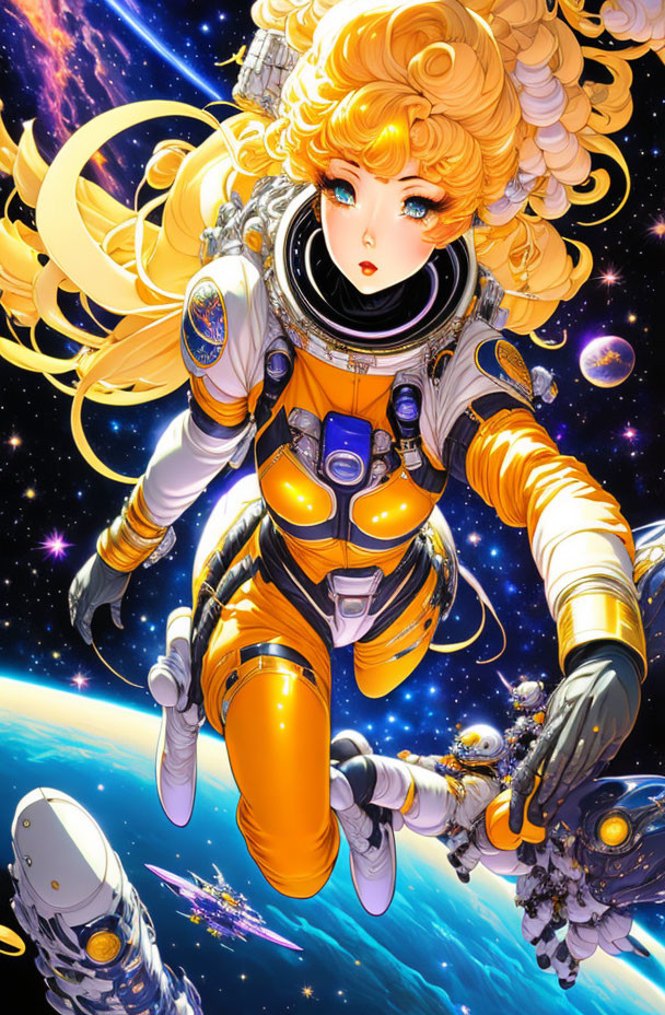 Female astronaut with golden hair in futuristic space suit amidst cosmic backdrop