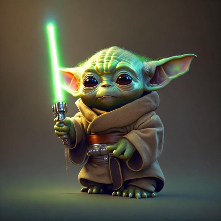 Young green-skinned character with large ears and eyes holding a green lightsaber