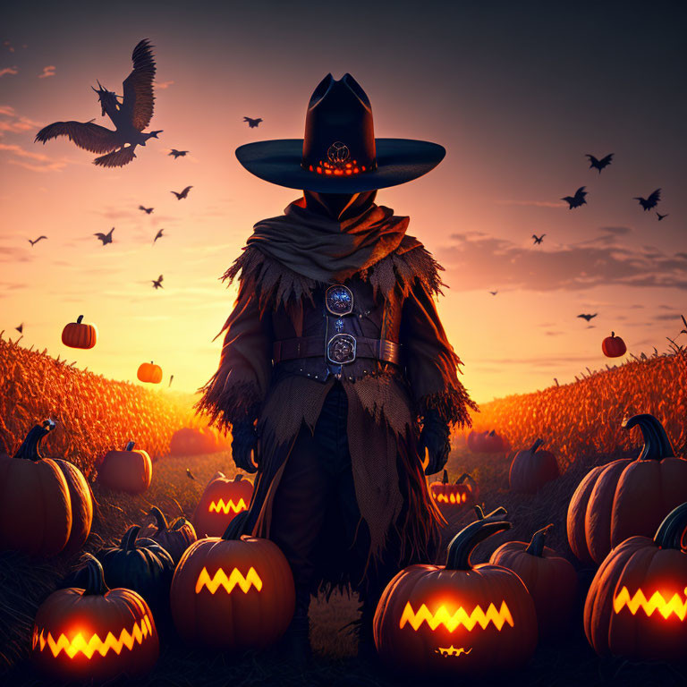 Witch in wide-brimmed hat at sunset in pumpkin field