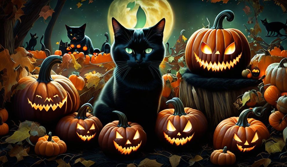 Spooky Halloween scene with black cat, pumpkins, and full moon