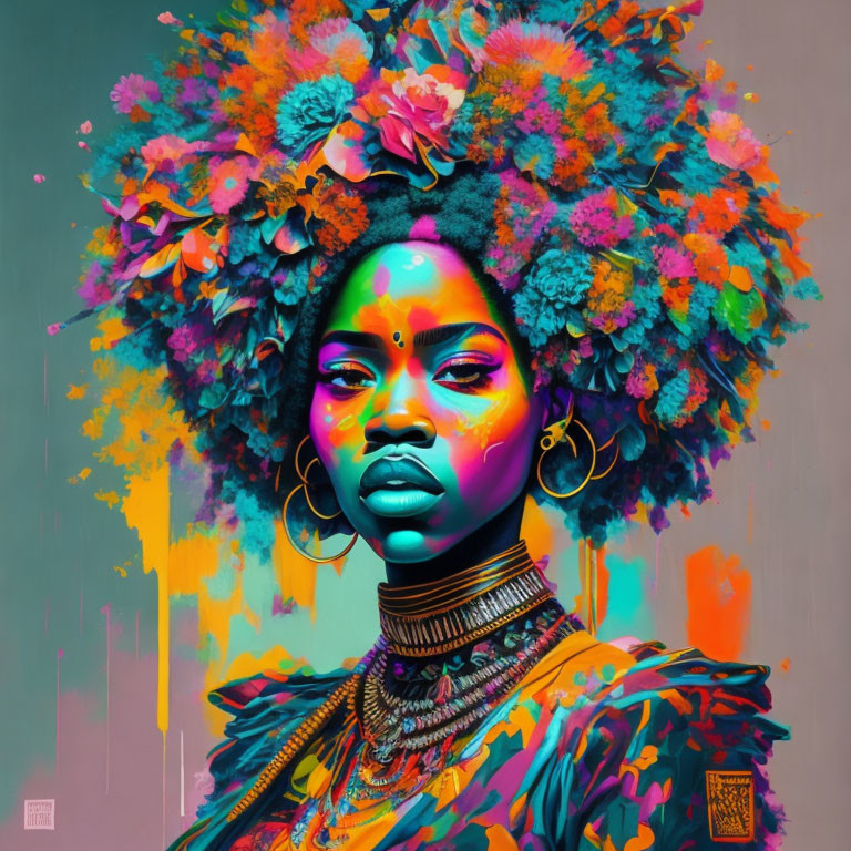 Colorful digital portrait of a woman with neon floral headdress and traditional necklace.